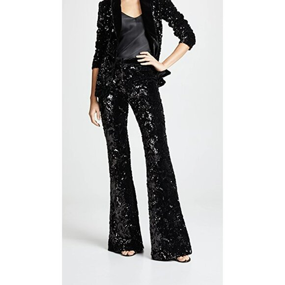 Alexis Benny Black Floral Sequin Embellished Velvet Wide Flare Leg Pants Medium